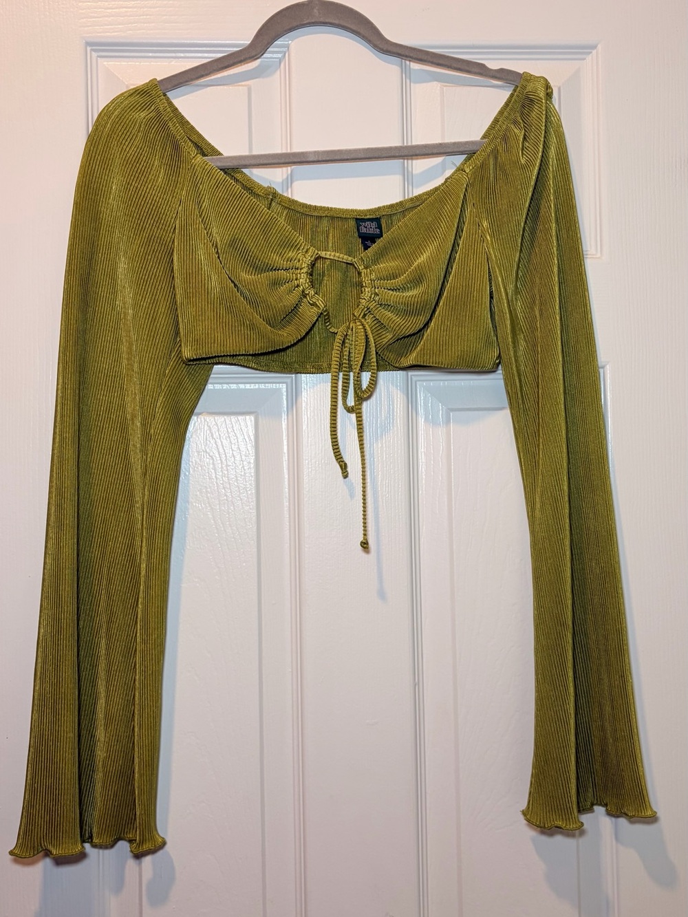 wild fable Olive Ribbed Tie-Front Long Sleeve Crop Top